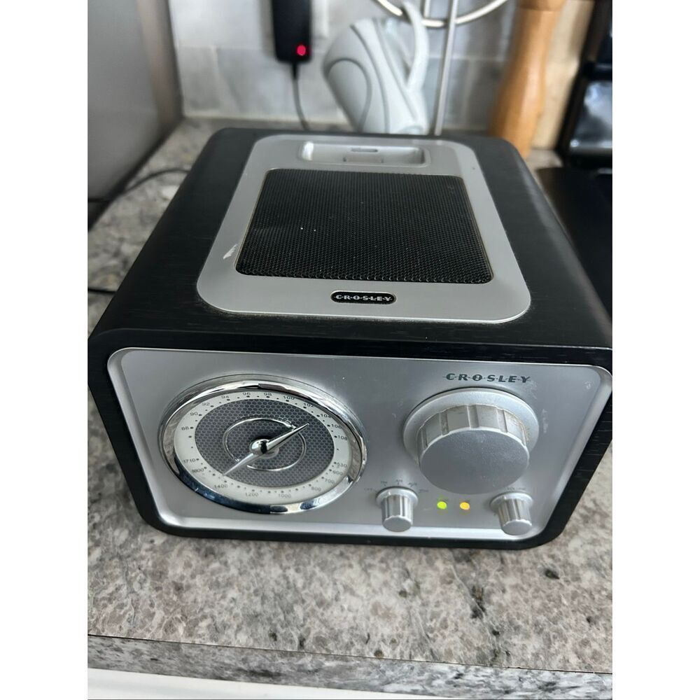 Crosley Tabletop AM/FM Radio w/ iPod Dock, AUX In, Line Out, Black/Silver Works